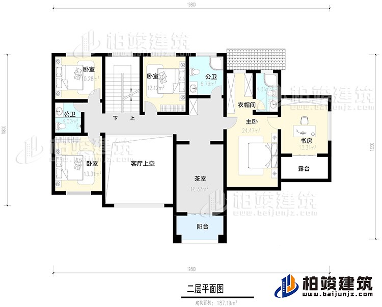 二层：4卧室，阳台，露台 ，衣帽间，书房，内卫，公卫 ，茶室