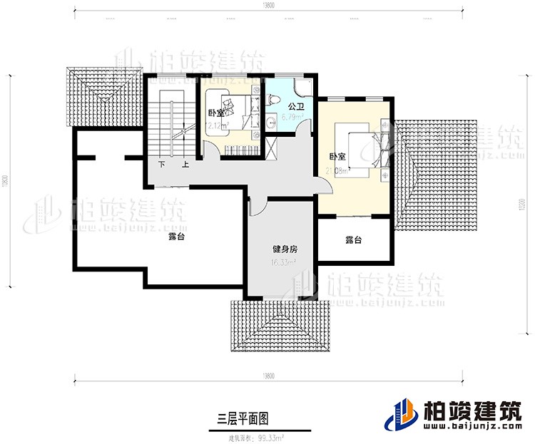 三层：2卧室，公卫，健身房，2露台。