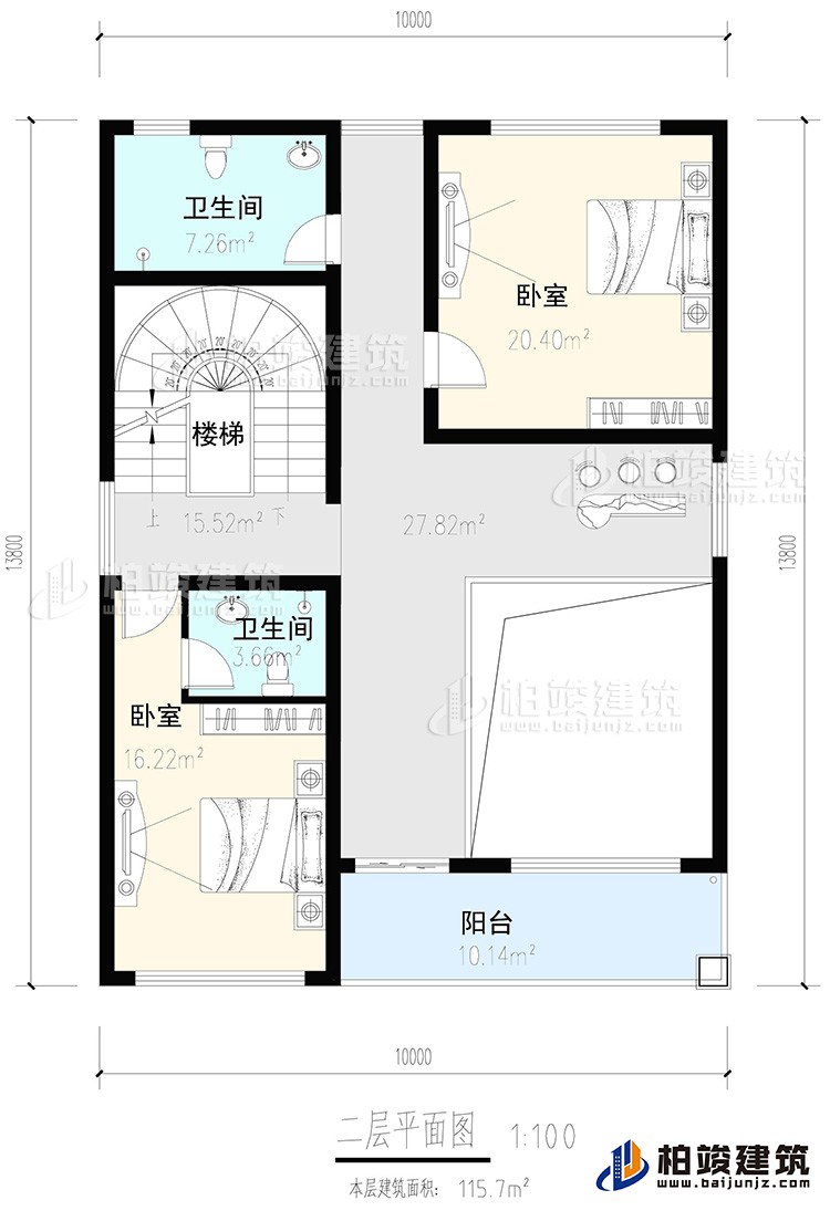 二层：2卧室，内卫，公卫，楼梯，阳台