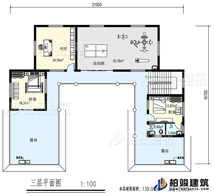 三层：书房，运动房，2卧室，2卫生间，露台