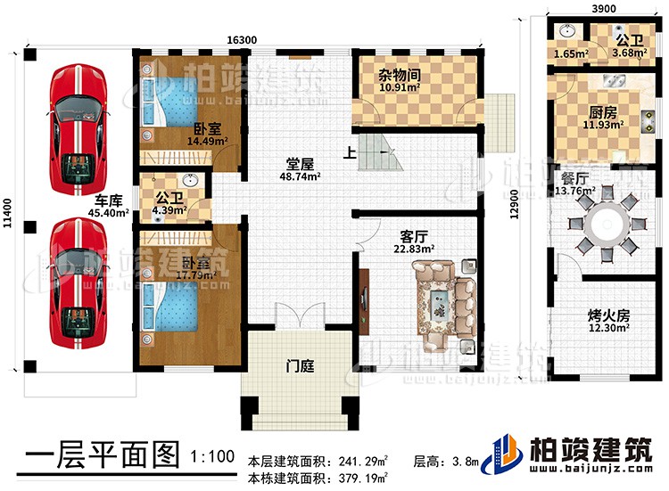 一层：门庭，堂屋，客厅、杂物间、2卧室、车库、厨房、餐厅、烤火房、2公卫