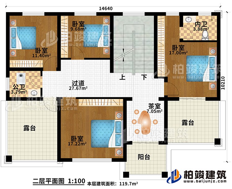 二层：4卧室，公卫，内卫，茶室，2露台 ，阳台