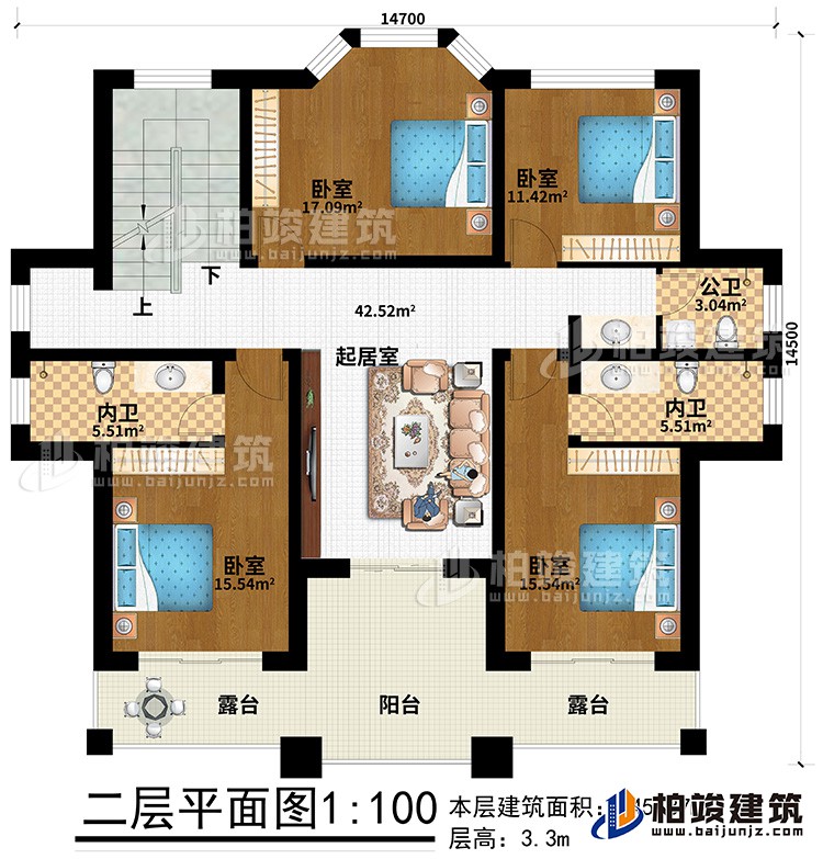 二层：2露台、阳台、4卧室、2内卫、公卫、起居室