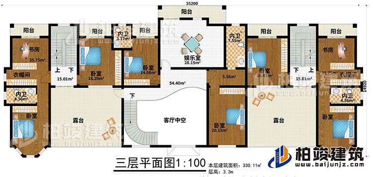 三层：6卧室、2衣帽间、2书房、4内卫、娱乐室、6阳台、2露台、客厅中空