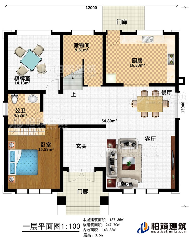 一层：2门廊、玄关、客厅、餐厅、厨房、储物间、棋牌室、公卫、卧室