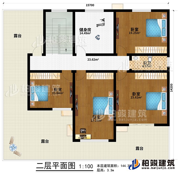 二层：4卧室，公卫，健身房，露台