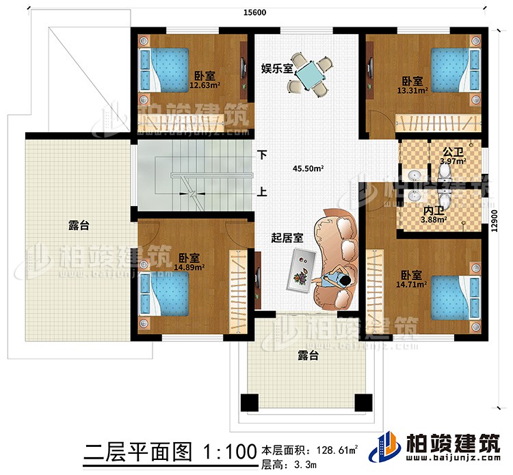 二层：4卧室，内卫，公卫，起居室，楼梯，棋牌室，2露台