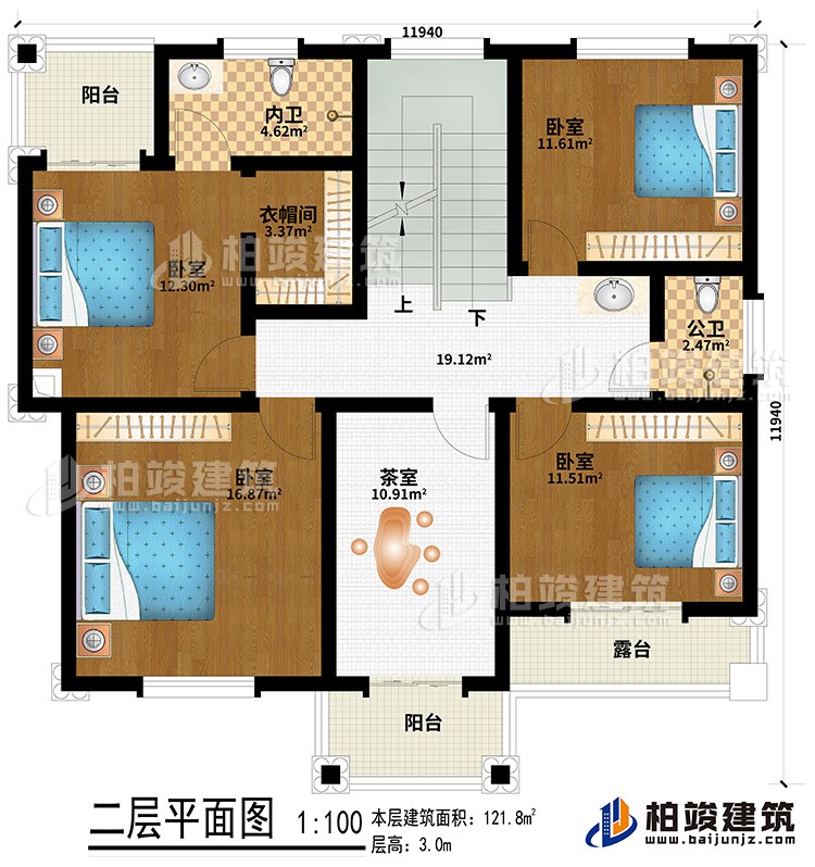 二层：4卧室、衣帽间、茶室、公卫、内卫、2阳台、露台