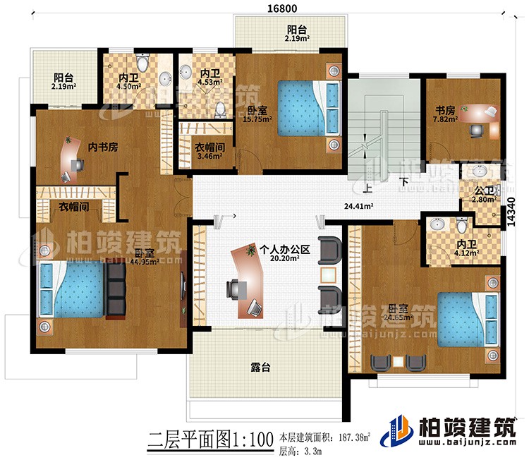 二层：3卧室、2衣帽间、3内卫、内书房、书房、个人办公区、公卫、2阳台、露台