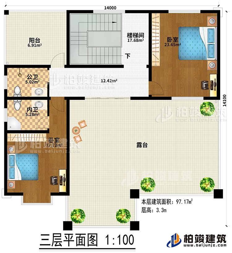 三层：2卧室、楼梯间、公卫、内卫、阳台、露台