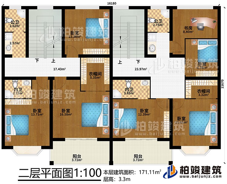 二层：2衣帽间、2内卫、2公卫、书房、6卧室、2阳台