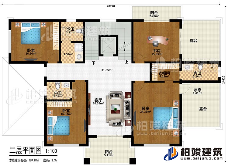 二层：3卧室、衣帽间、2内卫、公卫、客厅、书房、衣帽间、2阳台、2露台、凉亭