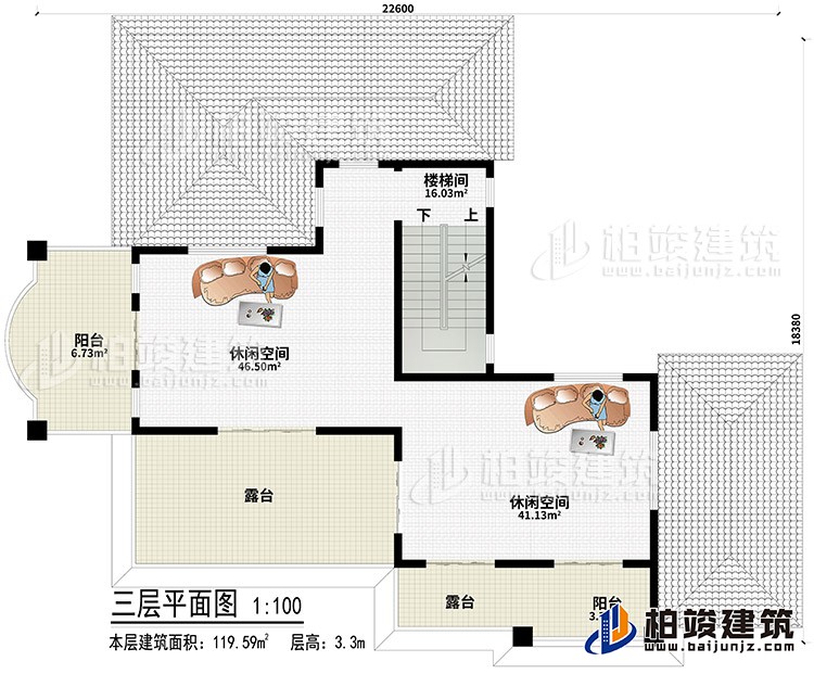 顶层：2休闲空间、2露台、2阳台、楼梯间