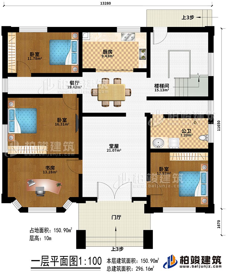 一层：门厅、堂屋、餐厅、厨房、楼梯间、3卧室、书房、公卫