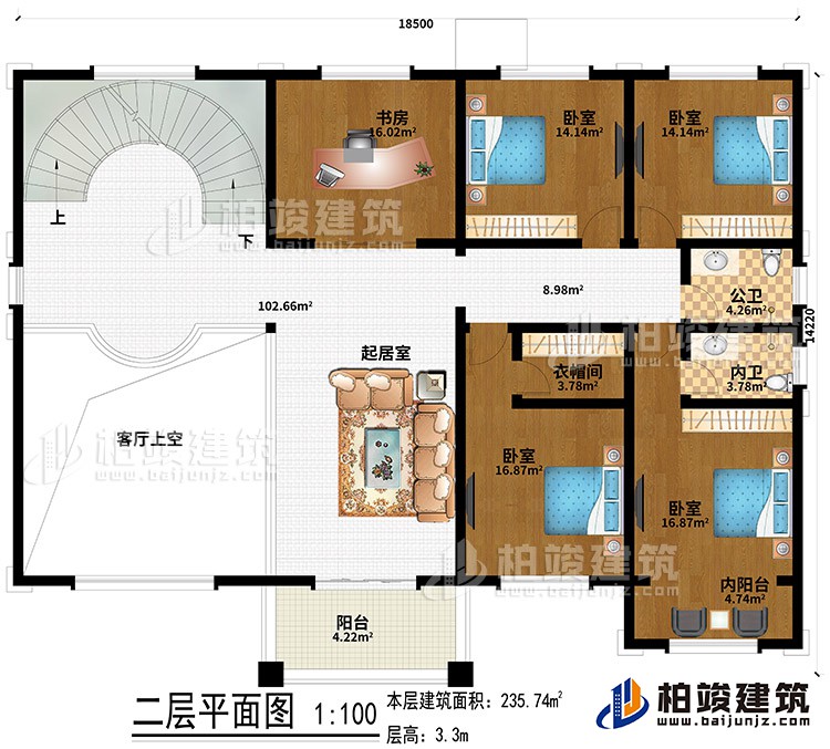 二层：4卧室、起居室、书房、客厅上空、衣帽间、内阳台、阳台、公卫、内卫