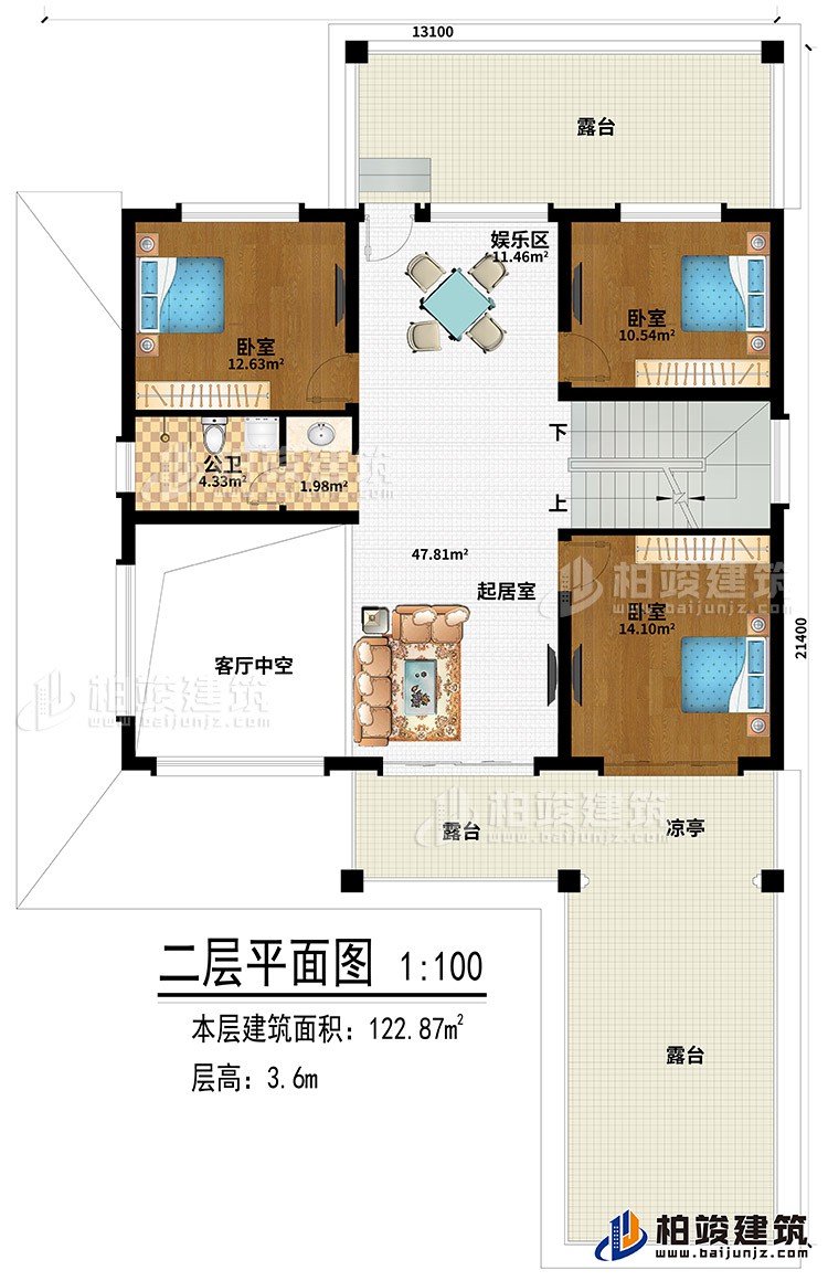 二层：3卧室、起居室、娱乐区、3露台、凉亭、客厅中空、公卫