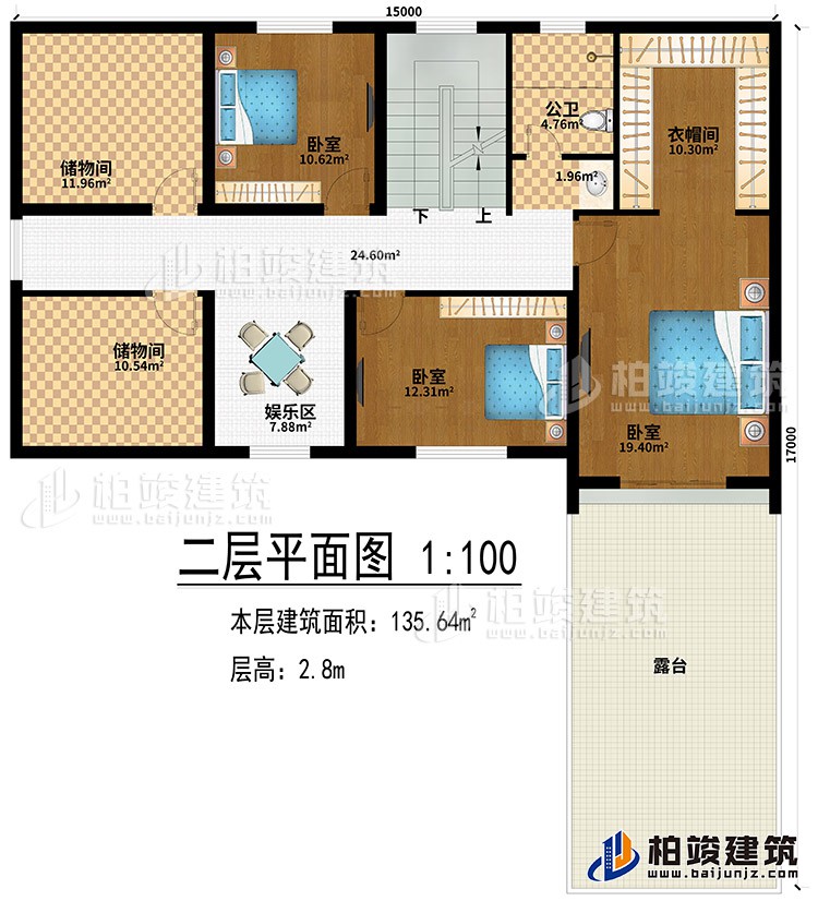 阁楼：娱乐区、2储物间、3卧室、衣帽间、露台