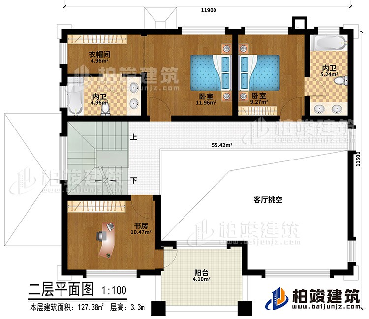 二层：客厅挑空、2卧室、衣帽间、书房、2内卫、阳台