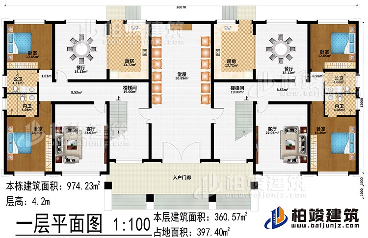 一层：入户门廊、堂屋、2楼梯间、2客厅、2餐厅、2厨房、4卧室、2公卫、2内卫