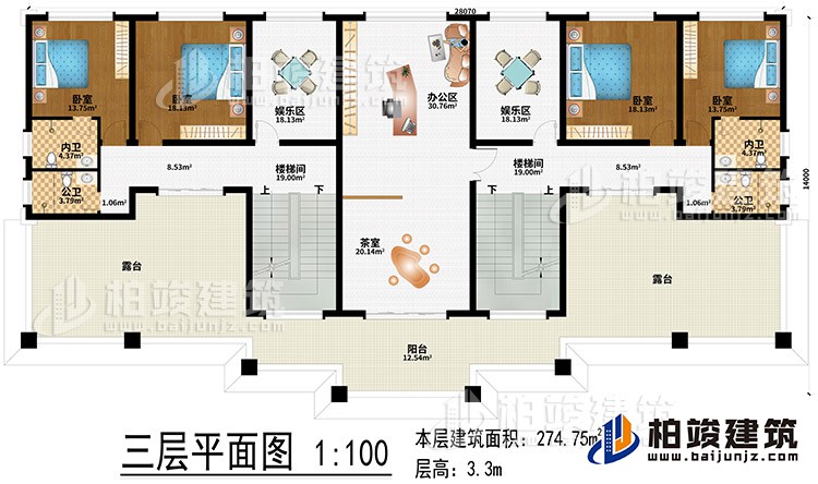 三层：办公区、茶室、2楼梯间、2娱乐区、4卧室、2公卫、2内卫、2露台