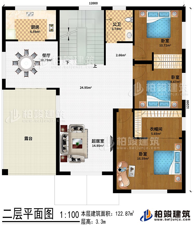 二层：起居室、餐厅、厨房、公卫、3卧室、衣帽间、露台