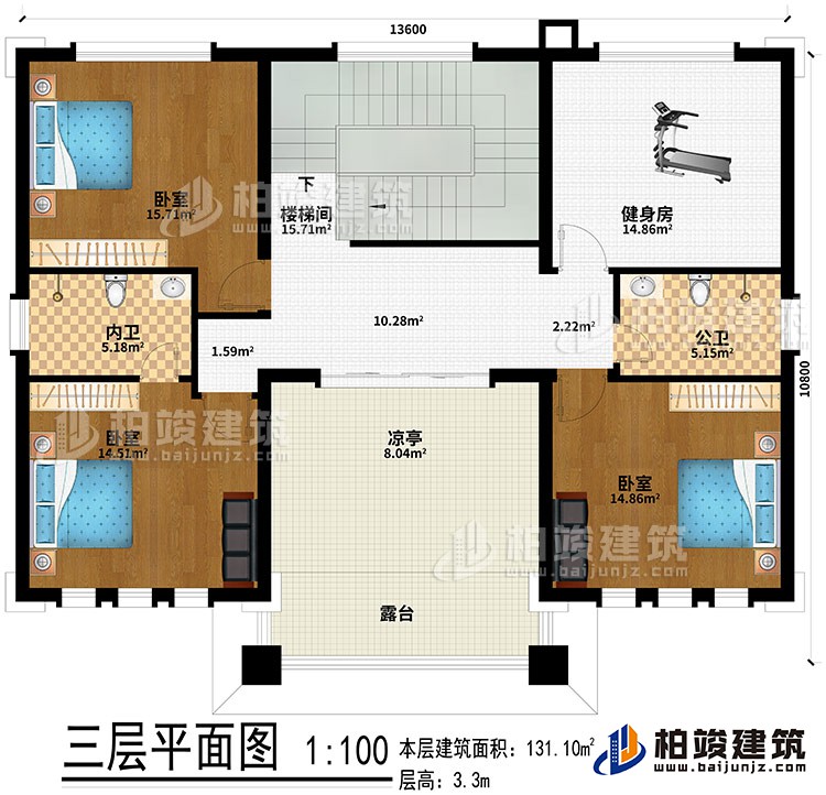 三层：楼梯间、健身房、3卧室、公卫、内卫、凉亭、露台