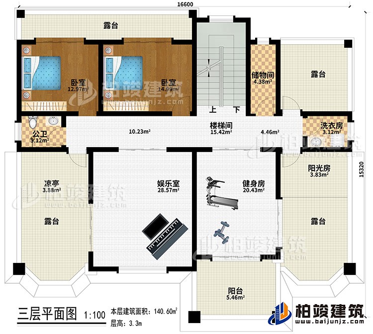 三层：楼梯间、储物间、洗衣房、2卧室、娱乐室、健身房、阳光房、凉亭、4露台、阳台