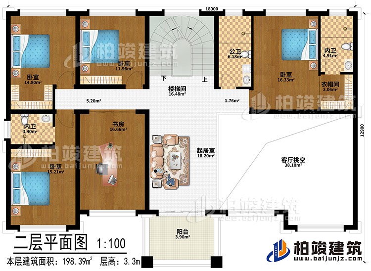 二层：起居室、客厅挑空、4卧室、书房、楼梯间、衣帽间、公卫、2内卫