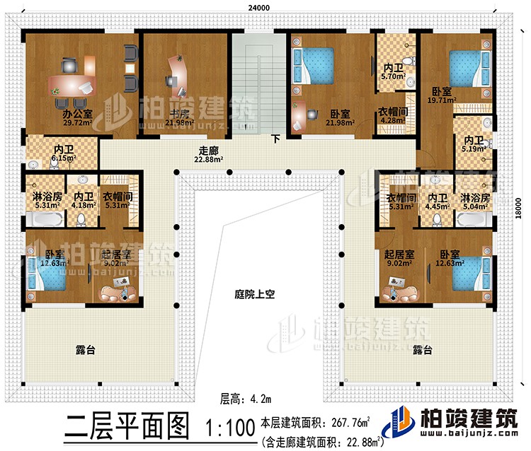 二层：办公室、书房、2起居室、3衣帽间、4卧室、2淋浴房、5内卫、走廊、2露台、庭院上空