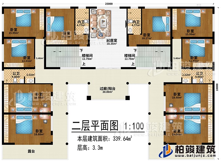 二层：起居室、2楼梯间、过廊/阳台、10卧室、2内卫、2公卫、2露台