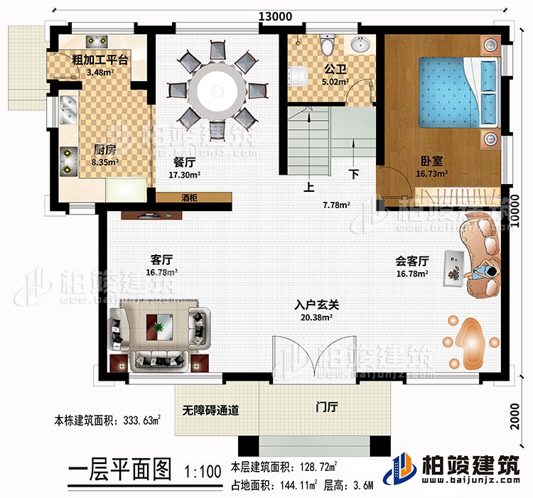 一层：门厅、无障碍通道、酒柜、入户玄关、会客厅、客厅、厨房、餐厅、粗加工平台、卧室、公卫