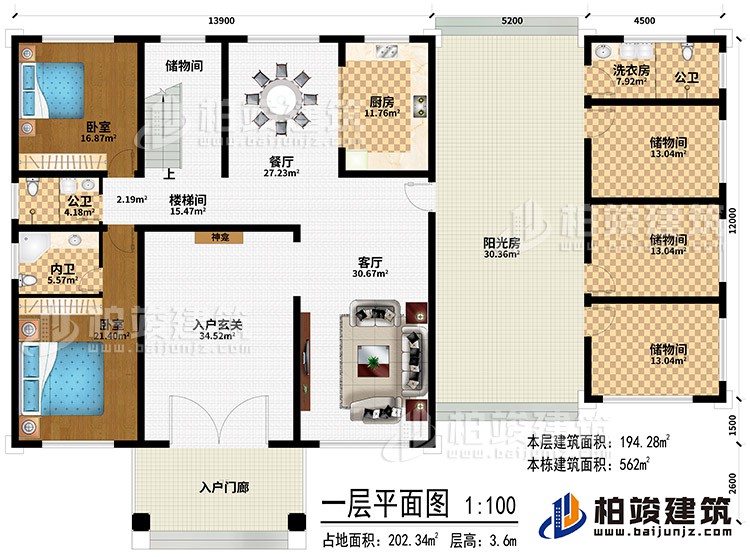 一层：入户门廊、入户玄关、神龛、客厅、餐厅、厨房、4储物间、楼梯间、洗衣房、2公卫、2卧室、内卫、阳光房