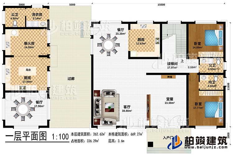 一层：入户门廊、堂屋、客厅、神龛、2餐厅、2厨房、柴火房、楼梯间、洗衣房、2卧室、2公卫、内卫、岛台、过廊