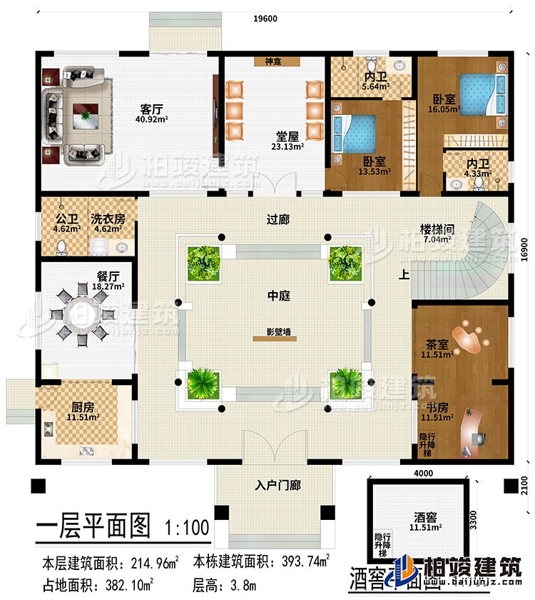 一层：入户门廊、厨房、餐厅、客厅、堂屋、神龛、茶室、书房、2卧室、洗衣房、公卫、2内卫、隐行升降梯、酒窖、中庭、过廊、楼梯间