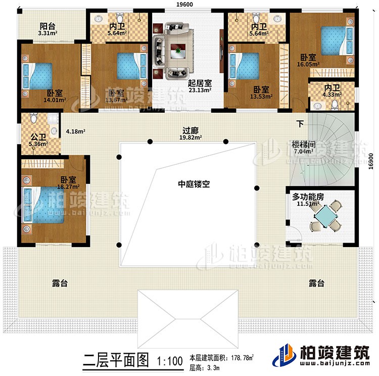 二层：起居室、中庭、过廊、楼梯间、5卧室、公卫、3内卫、2露台、阳台、多功能房