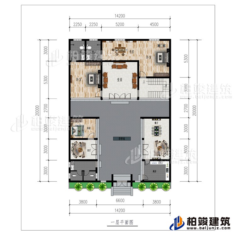 一层：厨房、2客厅、餐厅、公卫、3卧室、影壁墙、堂屋、书房、2内卫