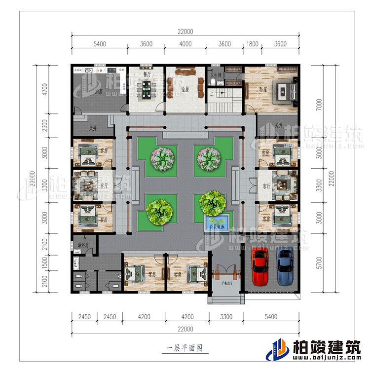 一层：广亮大门、车库、书房、公卫、7卧室、2客厅、餐厅、厨房、堂屋、2天井、内卫、荷花鱼池