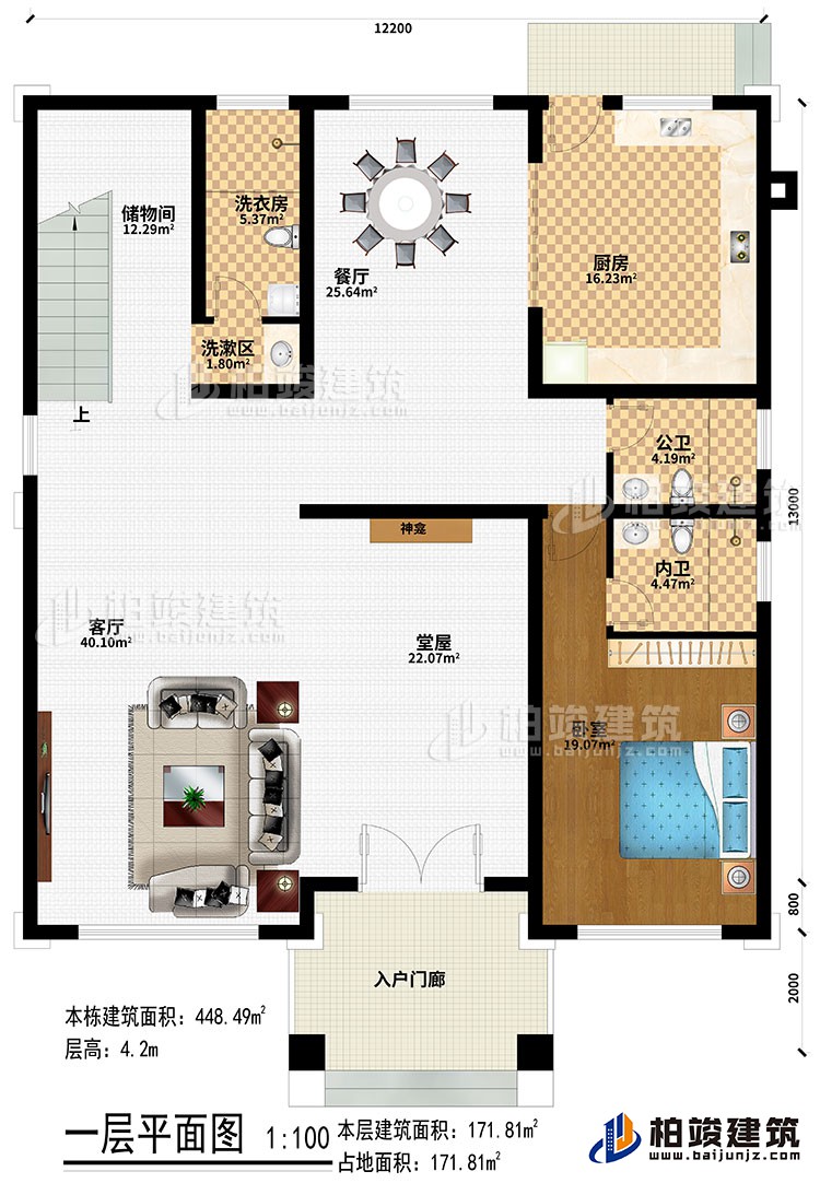 一层：入户门廊、堂屋、神龛、客厅、餐厅、厨房、卧室、公卫、内卫、洗漱区、洗衣房、储物间