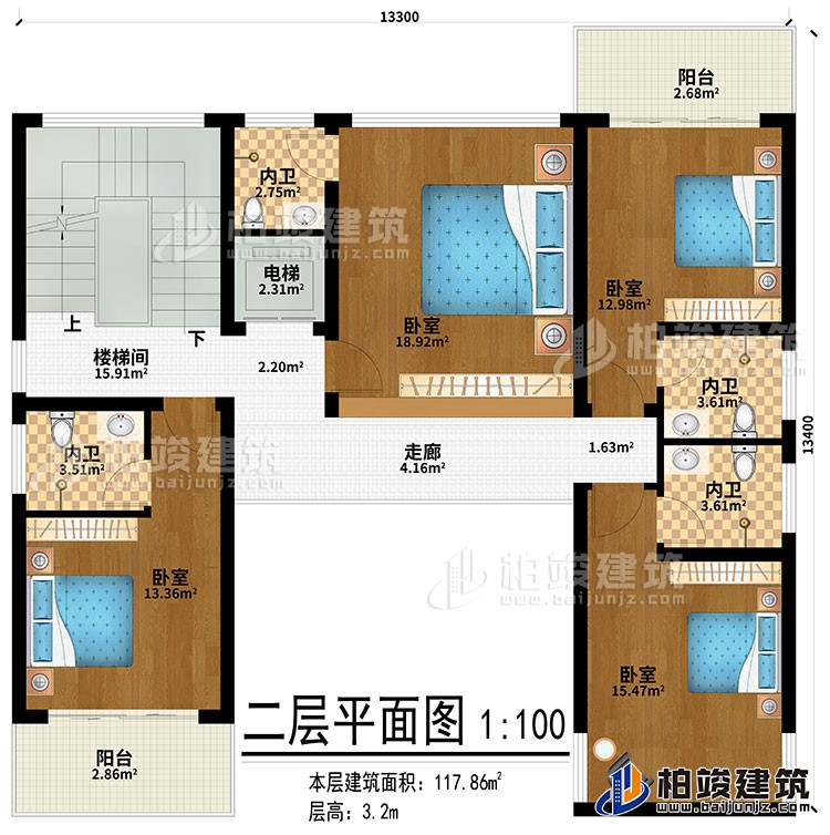 二层：走廊、4卧室、4内卫、2阳台、楼梯间、电梯