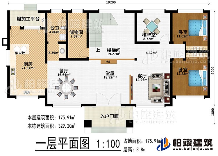 一层：入户门廊、堂屋、神龛、客厅、餐厅、厨房、柴火灶、粗加工平台、储物间、楼梯间、棋牌室、2卧室、公卫