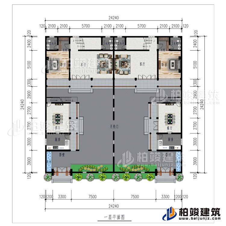 一层：月亮门、2厨房、2影壁、2餐厅、2客厅、2卧室、2衣柜、2内卫、2鱼池