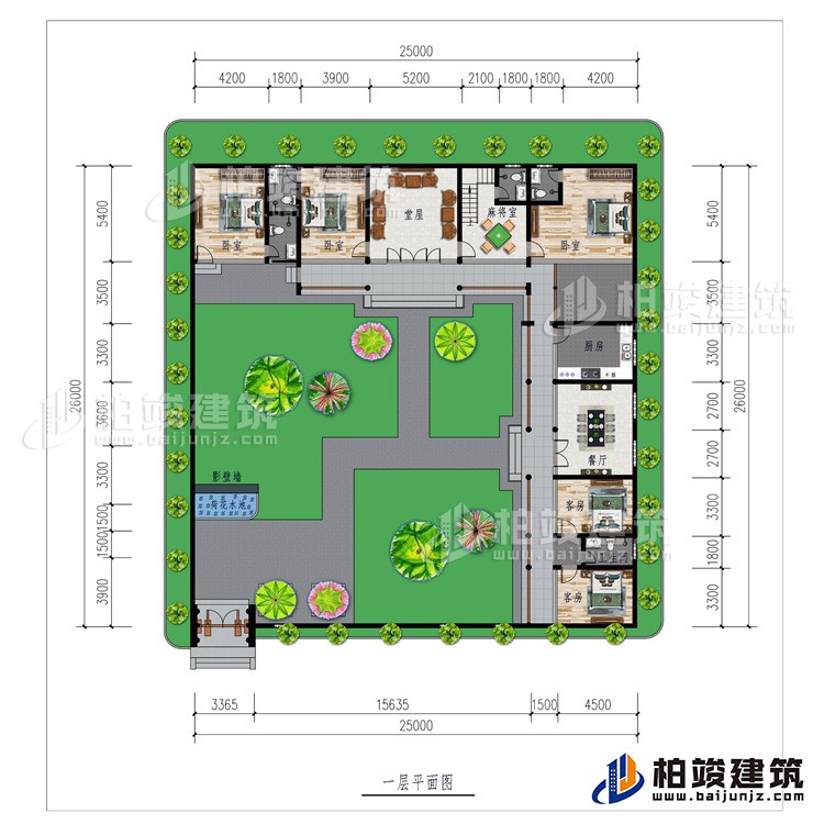 一层：影壁墙、花园、堂屋、厨房、餐厅、5卧室、2公卫、2内卫、麻将室