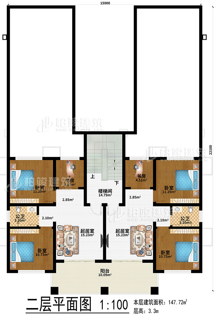 二层：2起居室、2书房、4卧室、2公卫、楼梯间、阳台