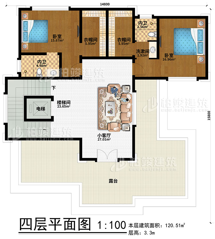 四层：2卧室、2衣帽间、2内卫、楼梯间、电梯、小客厅、露台