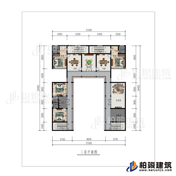 二层：棋牌室、2书房、活动室、杂物间、4卧室、4内卫、过廊