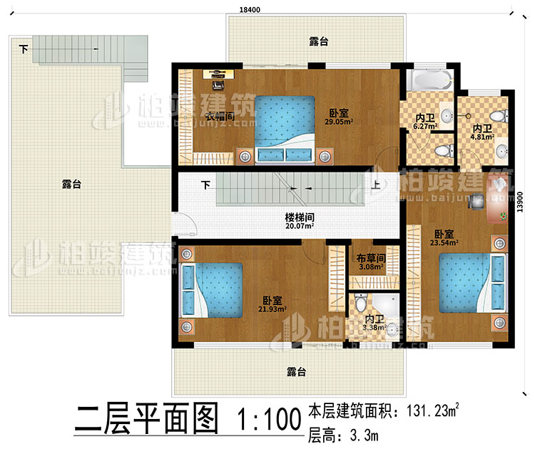 二层：楼梯间、3卧室、衣帽间、布草间、3内卫、3露台