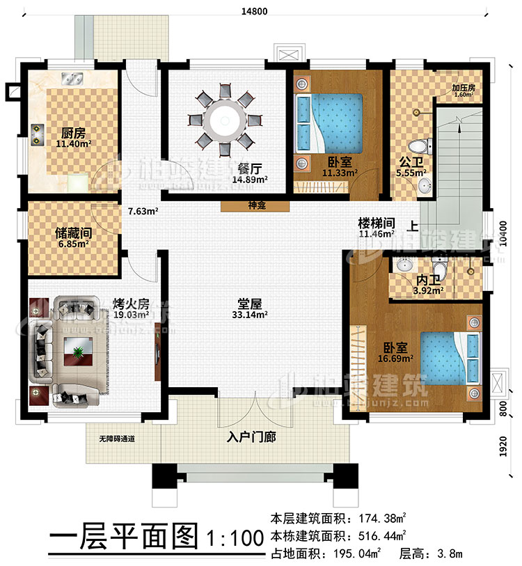 一层：入户门廊、无障碍通道、厨房、餐厅、储藏间、烤火房、公卫、加压房、楼梯间、2卧室、内卫