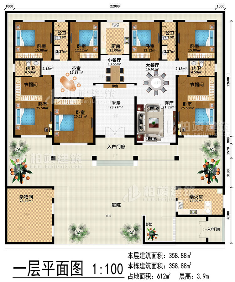 一层：2入户门廊、庭院、柴火房、杂物间、堂屋、神龛、客厅、厨房、小餐厅、大餐厅、茶室、2衣帽间、7卧室、2公卫、2内卫