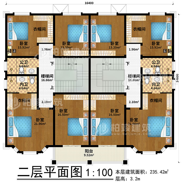 二层：2楼梯间、8卧室、4衣帽间、2公卫、2内卫、阳台