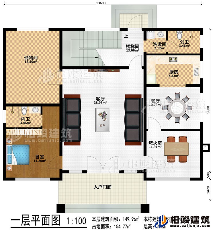 一层：入户门廊、客厅、楼梯间、储物间、厨房、餐厅、烤火房、公卫、洗漱间、卧室、内卫